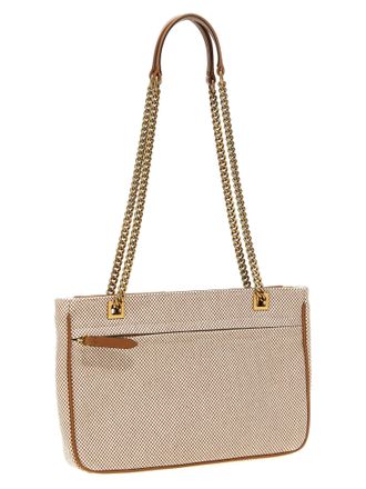 Valentino Garavani Womens Leather-Trimmed Canvas Shoulder Bag Beige Cotton