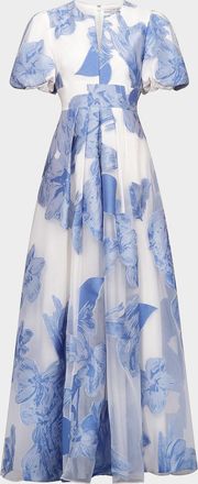 Kay Unger Oleana Puff-Sleeve Organza Gown