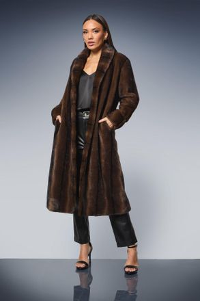 Principles Womens Faux Fur Long Coat - Chocolate - Size Medium