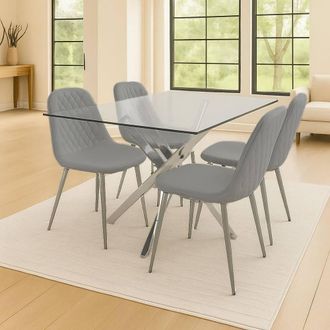Kosy Koala Modern Rectangle Glass Dining Table Set With 4 Grey Gem Pattern Chair