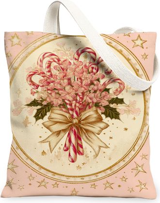 Generic Christmas Floral Canvas Tote Bags, Flower Candy Cane Design Reusable Grocery Bags, Vintage Lightweight Washable Shoulder St, Peach, 13x15 Inch