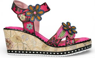 Laura Vita Womens Ballon 08 Fuschia Pink Floral Leather Wedge Espadrille Sandals