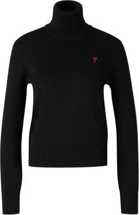 Ami Fitted Black Turtleneck Sweater with Embroidered Heart Detail