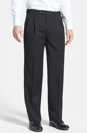 Berle Self Sizer Waist Pleated Classic Fit Wool Gabardine Dress Pants in Charcoal at Nordstrom, Size 48 X Unhemmed
