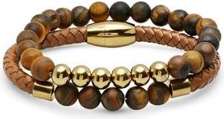 HMY Jewelry Mens 18K Gold Plated Stainless Steel Beaded Leather Bracelet Set in Brown at Nordstrom Rack