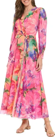 London Times Floral Long Sleeve Mesh Faux Wrap Maxi Dress in Peach/Hot Pink at Nordstrom Rack, Size Medium