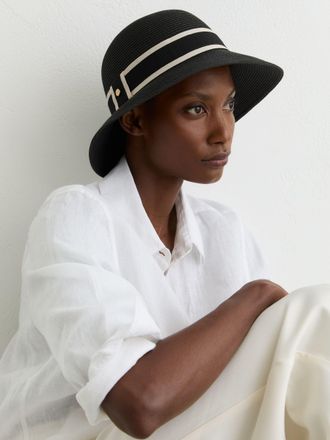 Reiss Black Ribbon-trim Straw-effect Hat, M & L