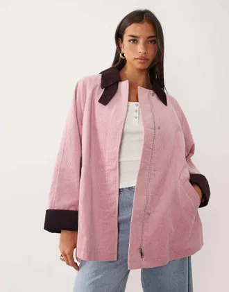 Nobody's Child Freddie cappotto barn in corda con colletto a contrasto e polsini risvoltati rosa