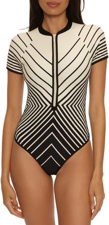 Trina Turk Net Stripe Short Sleeve Rib One-Piece Rashguard Swimsuit in Black/vanilla at Nordstrom, Size X-Small