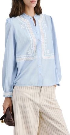 Mango Floral Embroidered Lace Trim Button-Up Shirt in Sky Blue at Nordstrom, Size 6