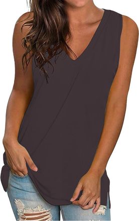 Generic Womens Basic Seam Tunic Tank Tops Trendy Casual Summer Sleeveless Loose Fit Blouses Ladies Fashion Solid Plain V Neck Flowy Split Hemline Basic Vacati