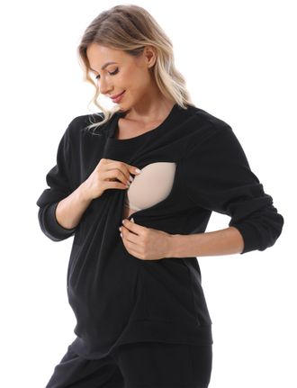 Feoya Nursing Tops Womens Winter Long Sleeve Soft Breastfeeding Clothes Round Neck Breastfeeding Top with Zip Autumn Winter 2XL Black
