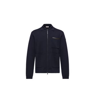 Moncler Moncler Leather Logo Wool Zip-up Cardigan, Men, Blue, Size: 3xl