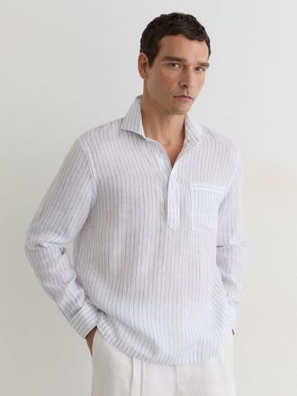 Reiss Airforce Blue & white Stripe Linen Pinstripe Half-button Shirt Regular-fit, Xxl