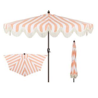 Jonathan Y Designs Beverly 9 ft. Designer Classic Scalloped Fringe Half Market Patio Umbrella with Crank, Push Button Tilt and UV Protection in Coral