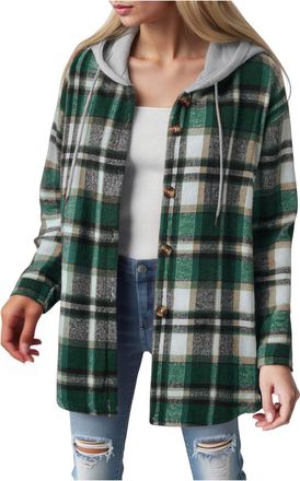 Generic Womens Plaid Jacket Lapel Button Down Long Shacket Casual Fashion Long Sleeve Trench Coat Winter Outwear Clothes Womens Flannel Checked Shirts Oversiz