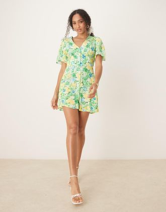 Nobody's Child Alexa mini tea dress in green and yellow ditsy