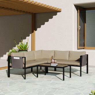 OUTSUNNY 4 Piece Garden Furniture Set w/ Breathable Mesh Pocket in Khaki