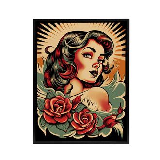 Artery8 Rockabilly Pin Up & Roses Tattoo Style Framed Canvas Wall Art Print | Size: W24 x H32