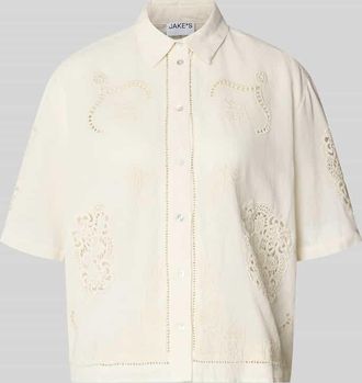 Jake*s Casual Bluse aus Leinen-Baumwoll-Mix mit Motiv-Stitching in Beige, Gr&ouml;&szlig;e 34