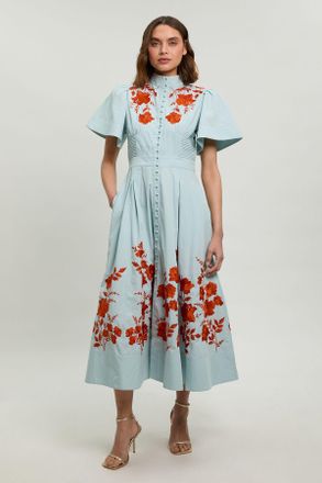 Karen Millen Womens Embroidered Detail Pintuck Waist Shirt Dress - Blue Cotton - Size 10 UK