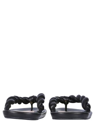 Red Valentino Leather with Woven Detail Slide Sandals - Black
