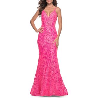La Femme Neon Mermaid Print Sequin Dress with Lace Up Open Back in Neon Pink at Nordstrom, Size 10
