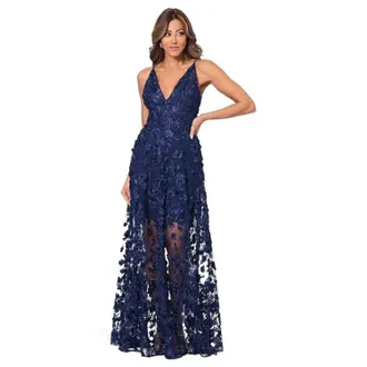 Xscape Dress Womens Navy Floral Soutache Mesh V-Neck Party Cocktail GBO1278