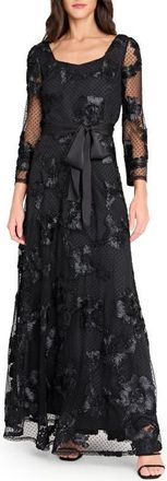 Tahari by ASL Embroidered Sheer Long Sleeve Gown in Black at Nordstrom, Size 16