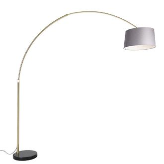 QAZQA Moderno L&aacute;mpara De Arco Lat&oacute;n Con M&aacute;rmol Y Pantalla De Tela Gris 45 Cm - Xxl Acero /lino /textil Alargada Adecuado Para Led Max. 1 X 60 Watt - Qazqa