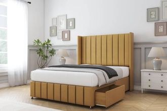 Sloomy Melbourne Plush Divan Set No Drawers-54 Wingback-Footboard in Mustard | Size: Small Double