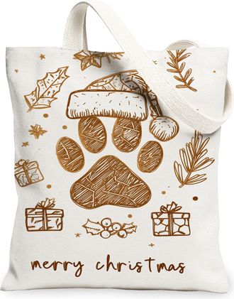 Generic Christmas Paw Print Canvas Tote Bags, Holiday Animal Design Reusable Grocery Bags, Vintage Rustic Lightweight Washable Shou, White, 13x15 Inch