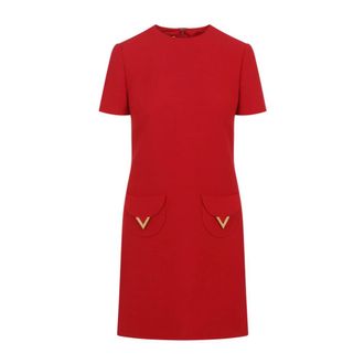 Valentino Short Dresses, female, Red, Size: M V-Logo Pocket Short-Sleeve Crepe Mini Dress