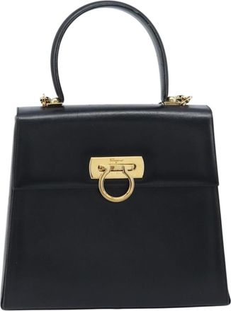 Ferragamo Gancini Convertible Top Handle Bag Leather Black Leather Handbag (Pre-Owned)