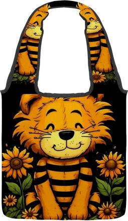 Generic Cartoon Sunflower Tiger Reversible Canvas Shoulder Tote - Double-Sided Print, 12oz Cotton, 27cm Drop, Fold-Flat Bag for Travel, Shopping, Street Outin