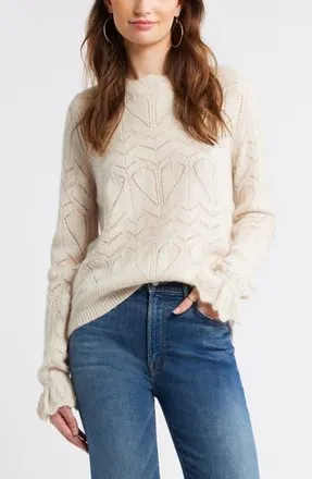 Treasure & Bond Pointelle Scallop Neck Sweater in Ivory Dove at Nordstrom Rack, Size X-Small