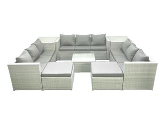Fimous Rattan Garden Outdoor Furniture Set 11 Seater Rattan Garden Sofa Set with 2 Big Footstools 2 Side Tables Light Grey Mixed
