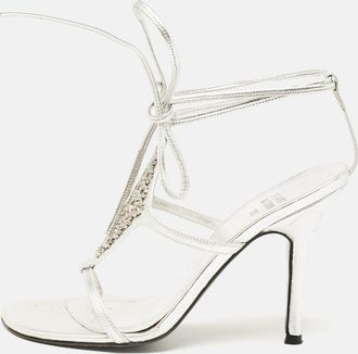 Stuart Weitzman Silver Leather Crystal Embellished Ankle Strap Sandals