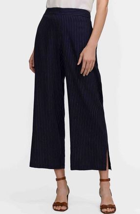 Foxcroft Jenna Pinstripe Wide Leg Crop Linen Blend Pants in Navy Blue/White at Nordstrom, Size X-Large