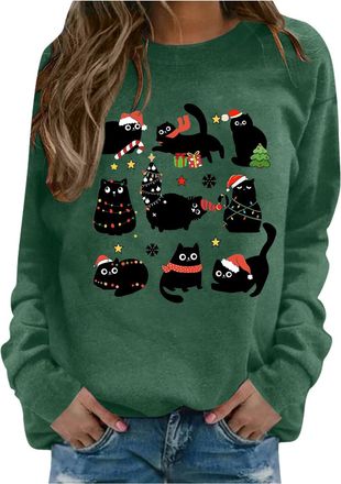 Generic Christmas Jumper Women,Merry Christmas Oversized Sweatshirt Women Xmas Cat Print Crew Neck Pullover Tops Casual Long Sleeve Tops Women Shirts Loose Au
