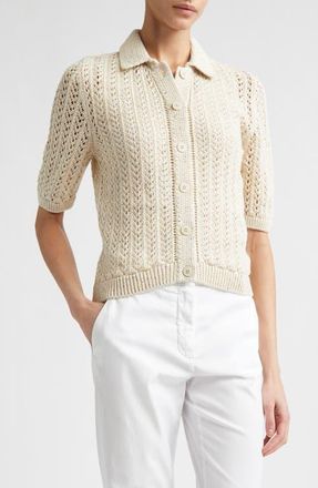 Eleventy Open Stitch Cotton & Linen Blend Polo in 00 Ivory at Nordstrom, Size X-Small