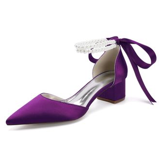 Generic Bridal Shoes Satin Womens Block Heel Wedding Shoes Pointed Toe Prom Party Dress Pumps 4.5Cm,Dark Purple,10 UK