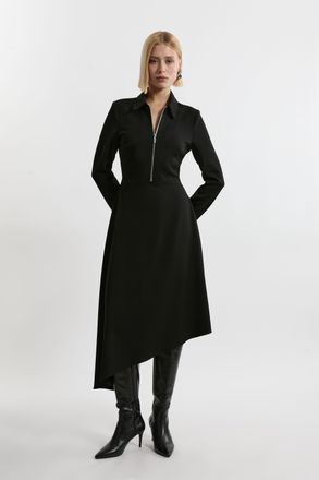 Karen Millen Womens Technical Crepe Tailored Metal Zipp Detail High Low Midi Dress - Black - Size 6 UK