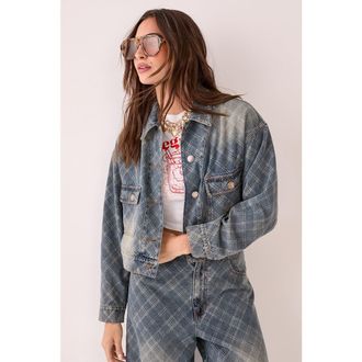 NASTY GAL Check Denim Distressed Jacket in Authentic Midwash at Nordstrom, Size 10