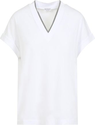 Brunello Cucinelli White V-Neck Monile Cotton T-Shirt-Donna