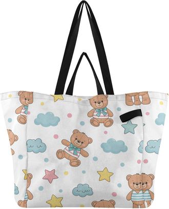 Generic Bear Blue Clouds print Reusable Canvas Tote Bag, Heavy Duty Grocery Shopping Bag with Double Handles Hard Bottom Large Capacity Work Groceries Travel