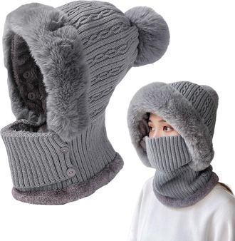 Generic 3 in 1 Beanie Hat with Scarf and Mask,Multi-Functional Knitted Ski Winter Thermal Face Mask for Women,Windproof Balaclava Scarf Adjustable Cable Knit 