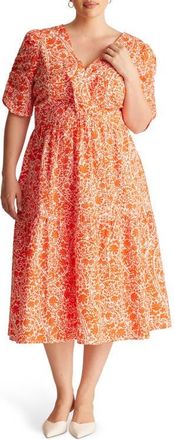 Estelle Dreamaya Floral Front Flap Fit & Flare Midi Dress in Tangerine at Nordstrom, Size 16W