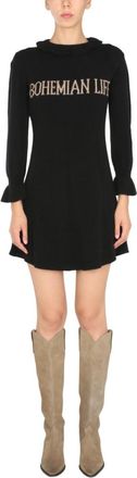 Alberta Ferretti Black Graphic Round Neck Mini Dress