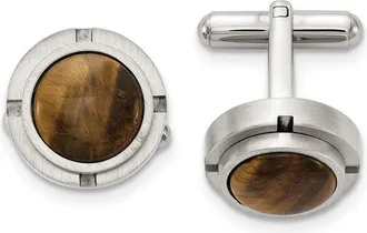 Diamond2Deal Stainless Steel Brushed and Polished with Tigers Eye Circle Cufflinks